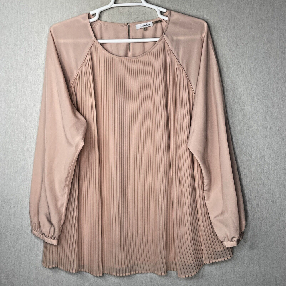 Calvin Klein Top Blouse SZ 2X Solid Pink Long Sleeve Romantic Accordion Pleated